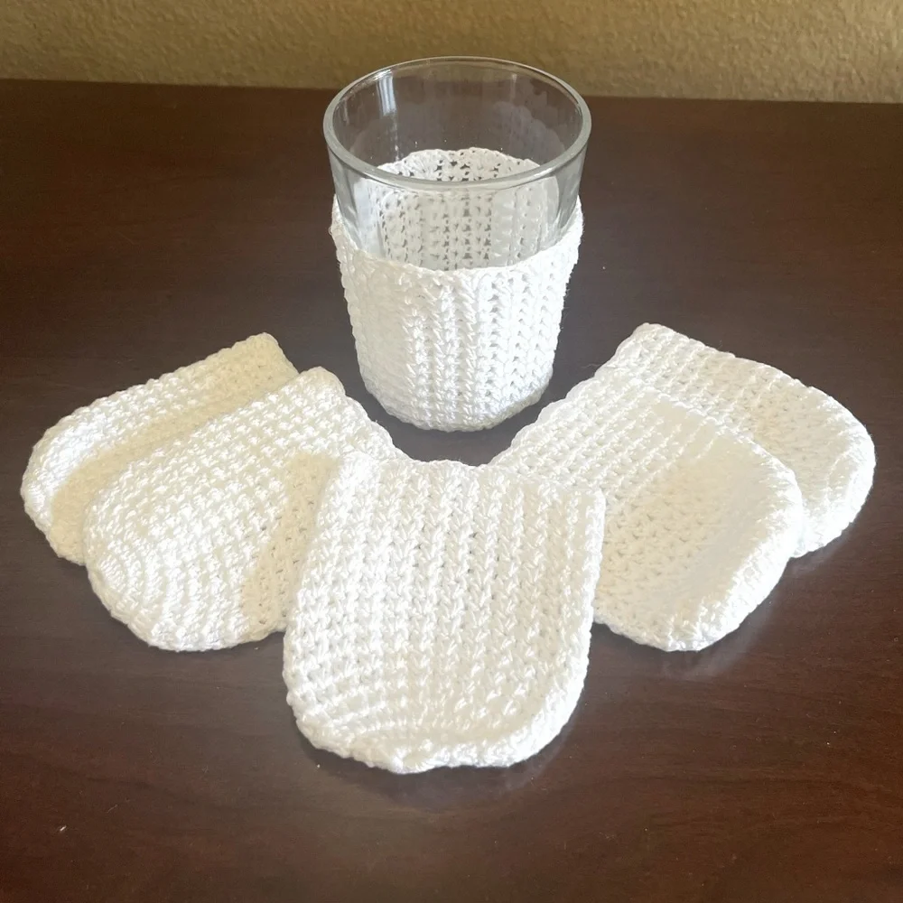 Vintage Cup Koozie Set of 6 Hand Crocheted White Cottagecore Cup Sleeves
